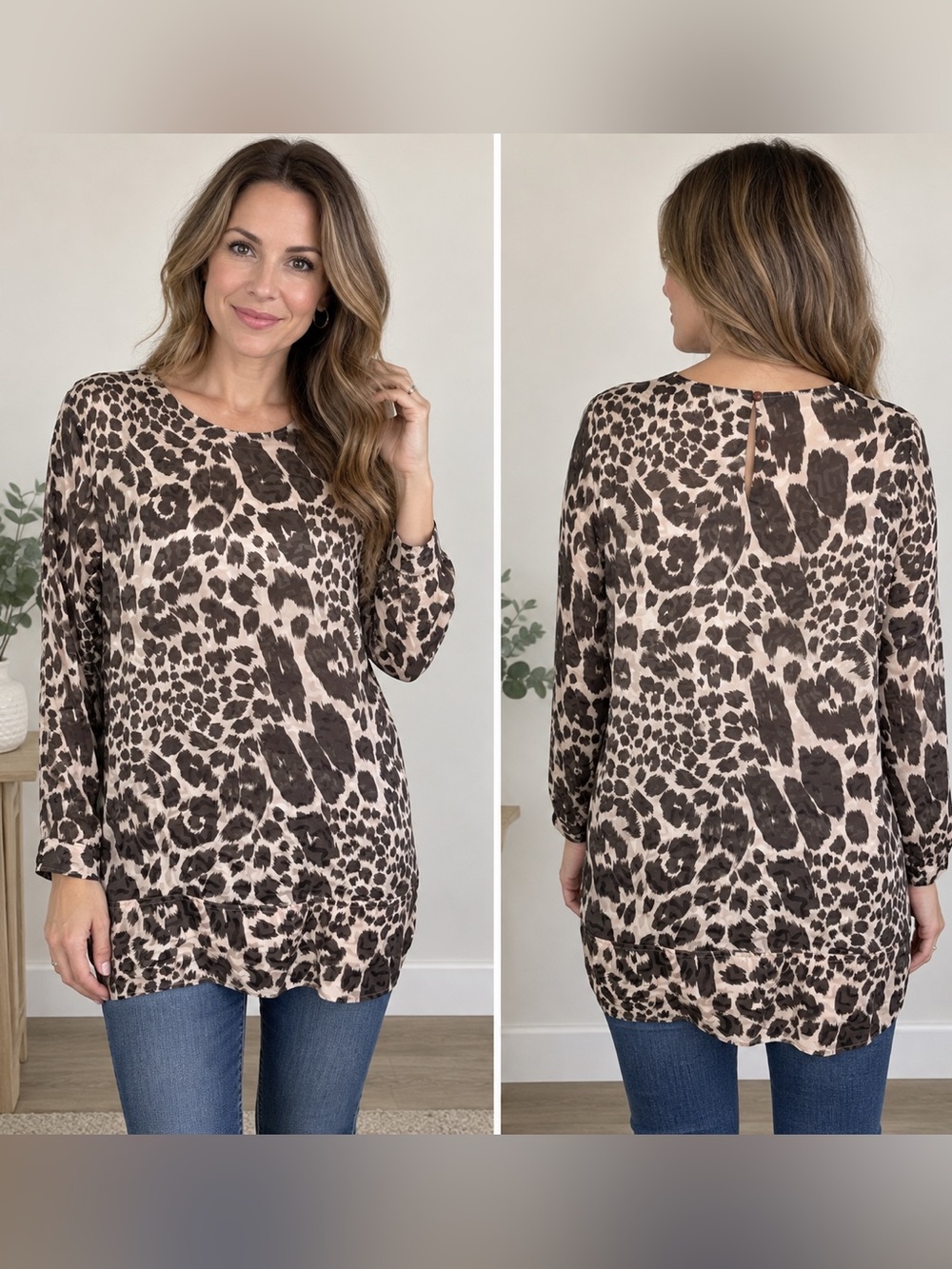 Beautiful Silk Leopard Print Long Sleeve Tunic - Brown and pink